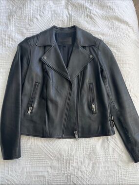 Massimo Dutti Black Leather Biker Jacket with Zip Pockets